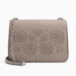Tory Burch Perforated Leather Chain Crossbody Bag – Taupe / Grey